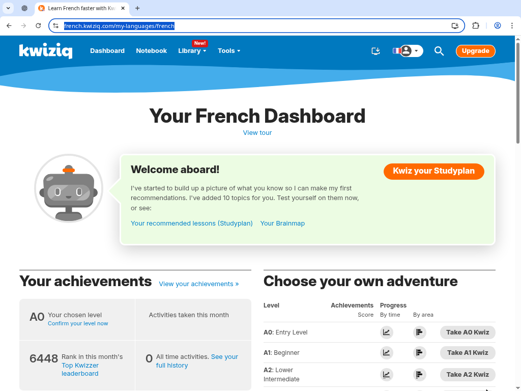 Kwiziq French dashboard with achievements, Studyplan links, and level cards