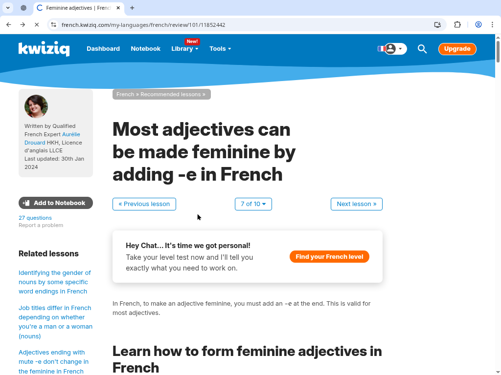 Kwiziq lesson on forming feminine adjectives in French with related lessons and notebook controls