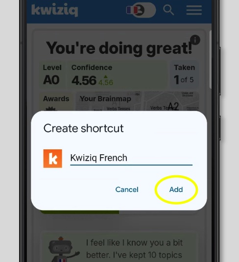 Official Kwiziq Android screenshot showing the add to home screen confirmation step