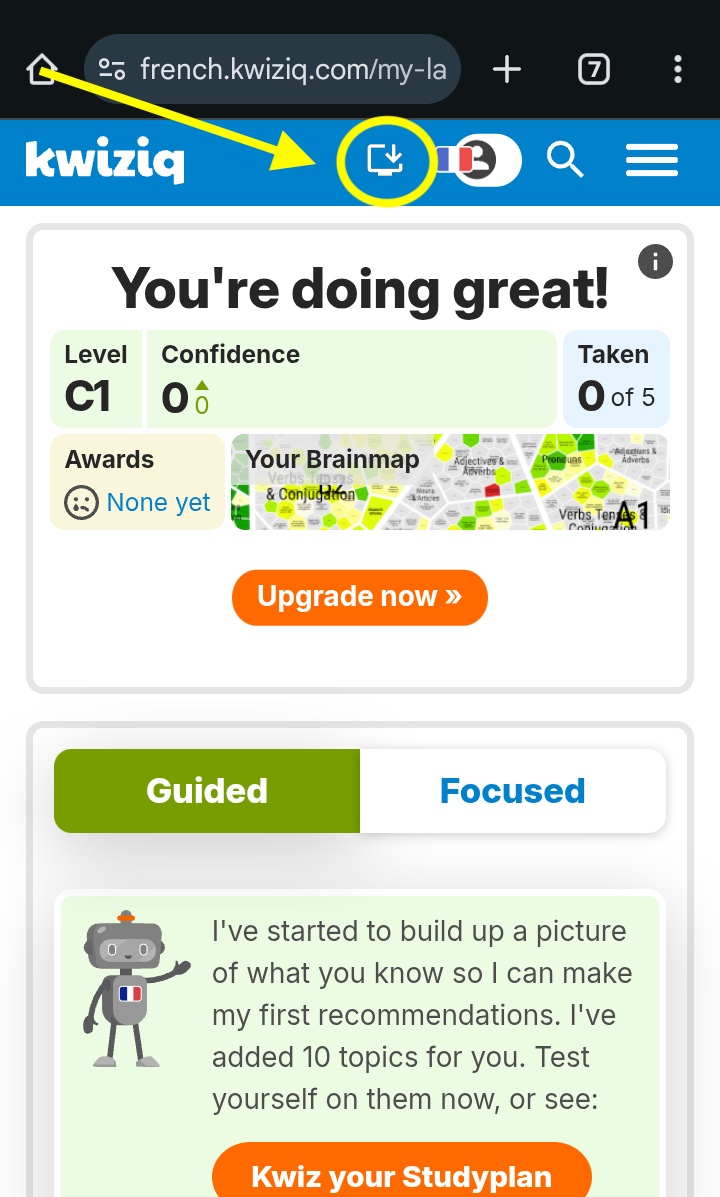 Kwiziq Android browser screenshot showing the install or download icon used to add the web app