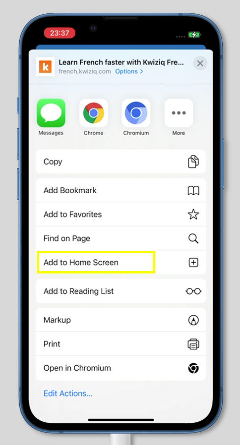 Official Kwiziq iPhone install screenshot showing the add to home screen step from Safari