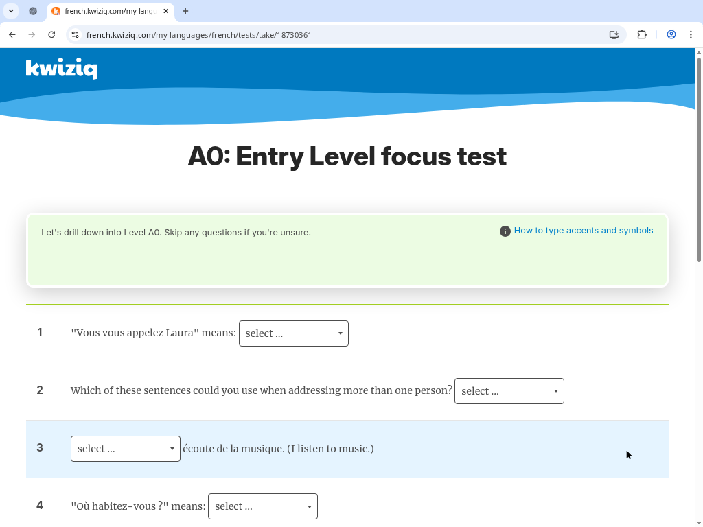 Kwiziq focus quiz with multiple grammar questions and answer dropdowns