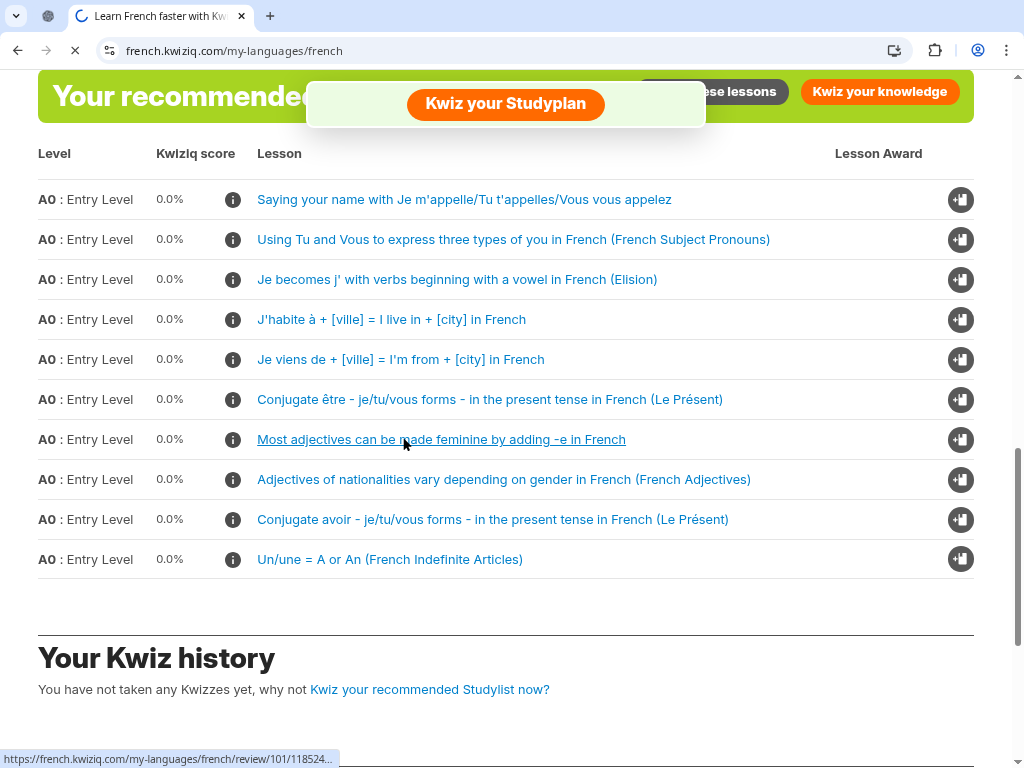 Kwiziq study plan interface with recommended grammar lessons and kwiz links
