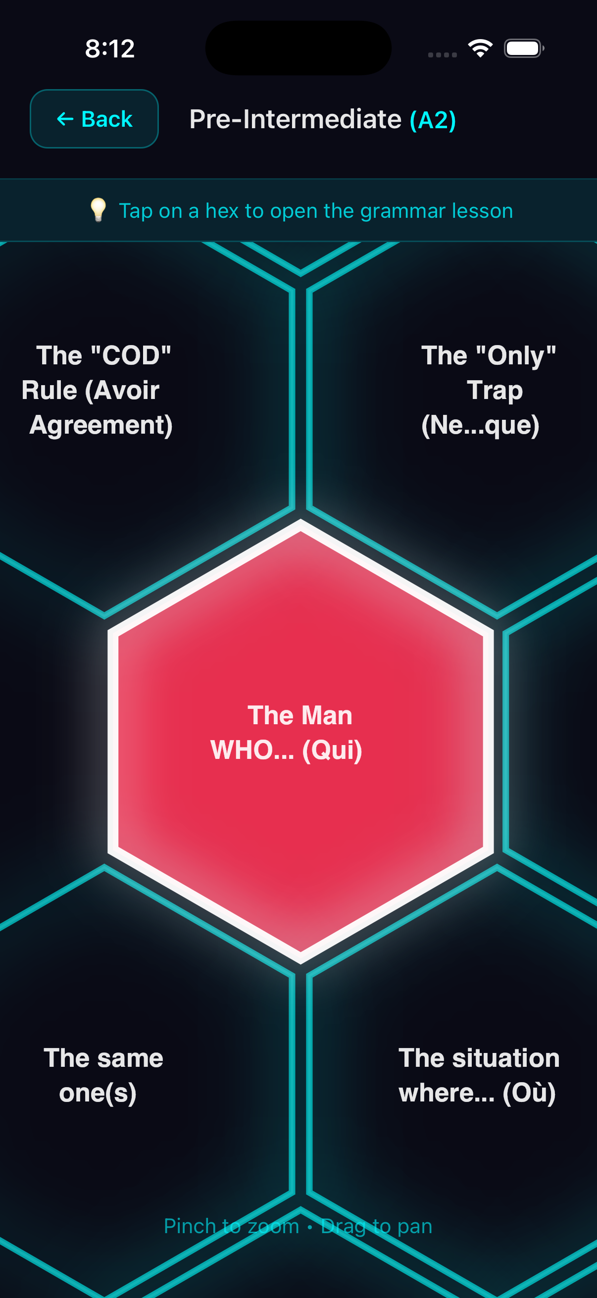 InfinLume grammar hive zoomed into a lesson