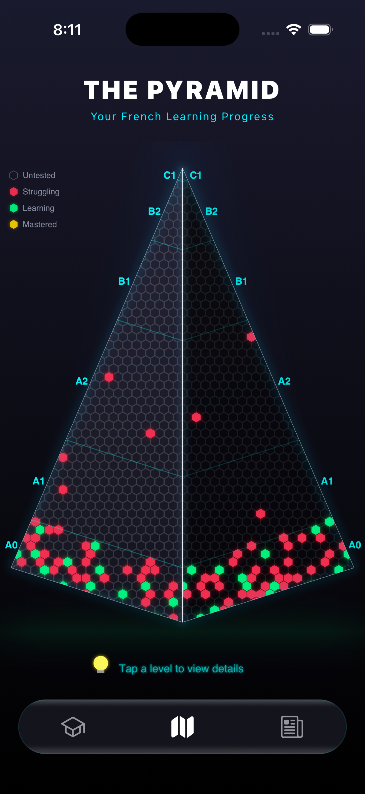 Progress pyramid showing grammar mastery across levels
