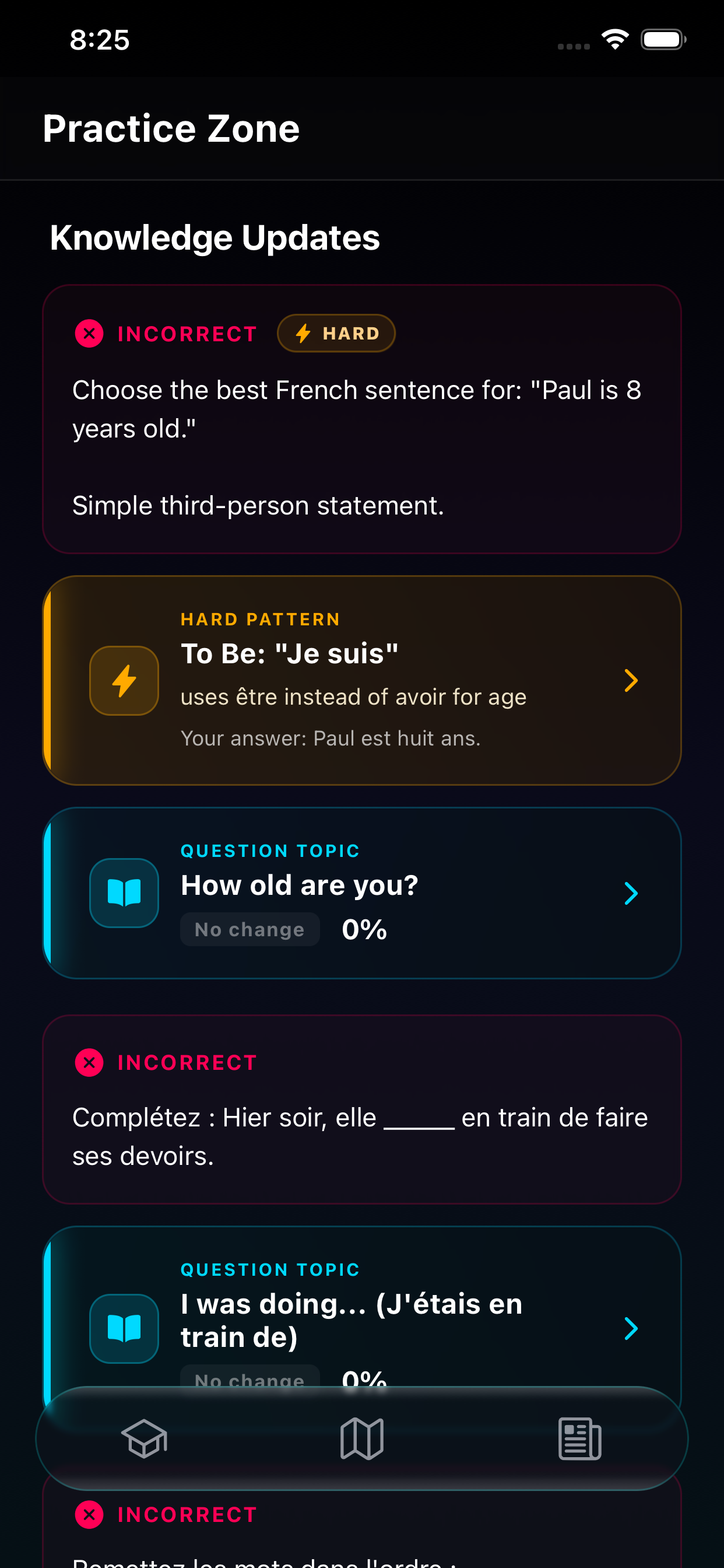 Results screen showing what to review